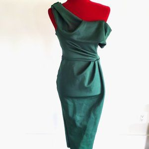 ASOS DESIGN drape fallen shoulder midi pencil dress forest green (Size 4/Small)